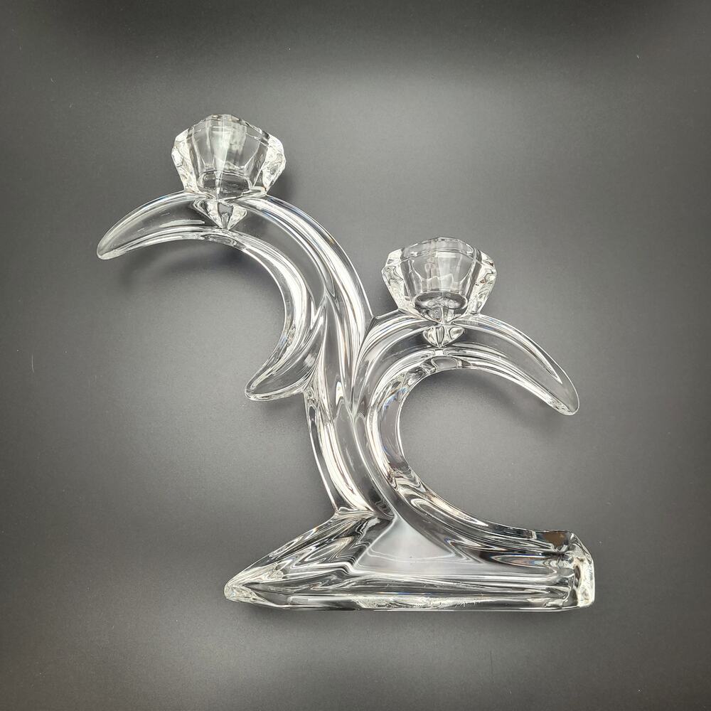 Vintage Clear Glass Double Candle Holder Half Moon Arc Celestial MCM Decor